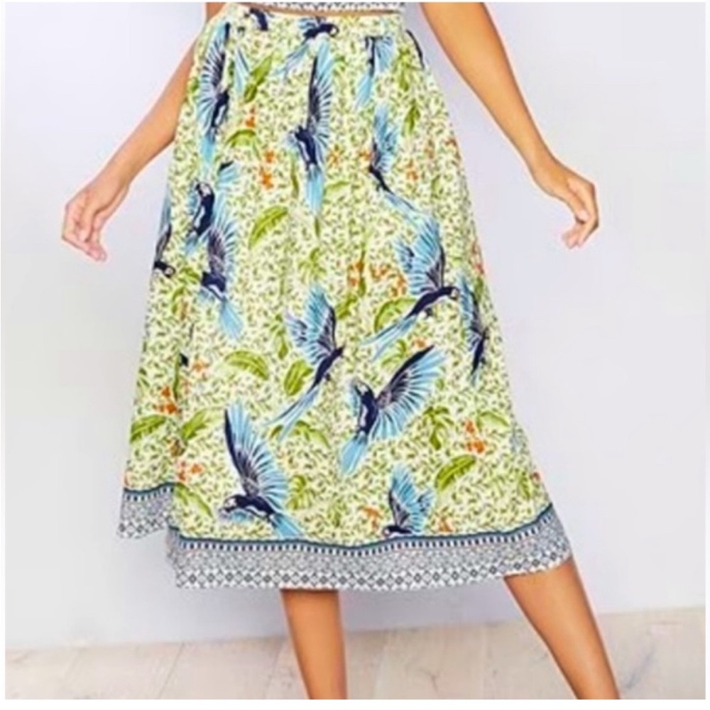 Alex Marie Women's Skirt -Under The Palms Birds Parrots - Linen Blend Pockets XS